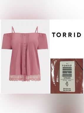 🆕TORRID - 00X M/L - NWT - PINK COLD SHOULDER LACE TOP / BLOUSE